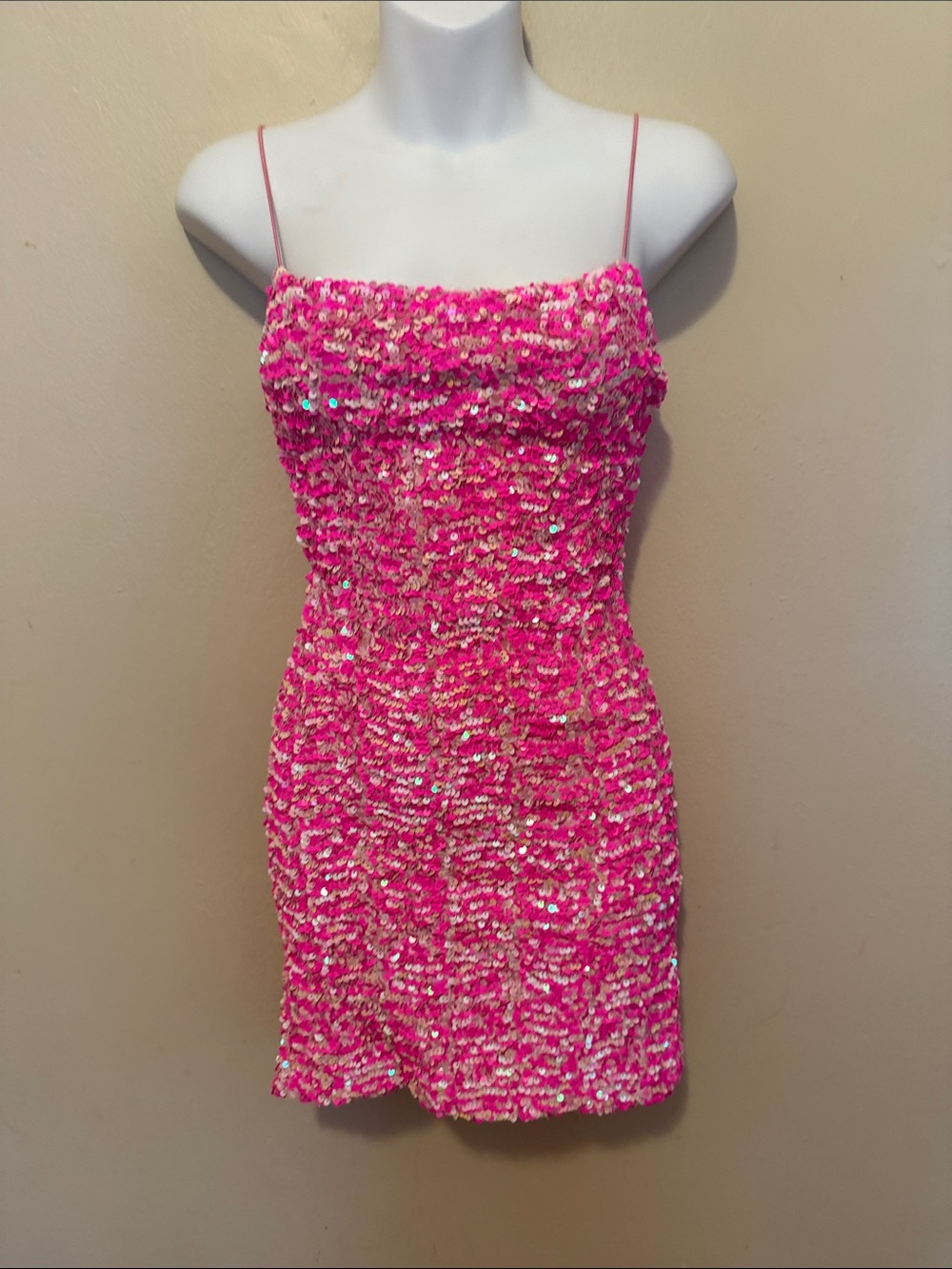 Hot Pink Sequin Spaghetti-Strap Bodysuit Dress